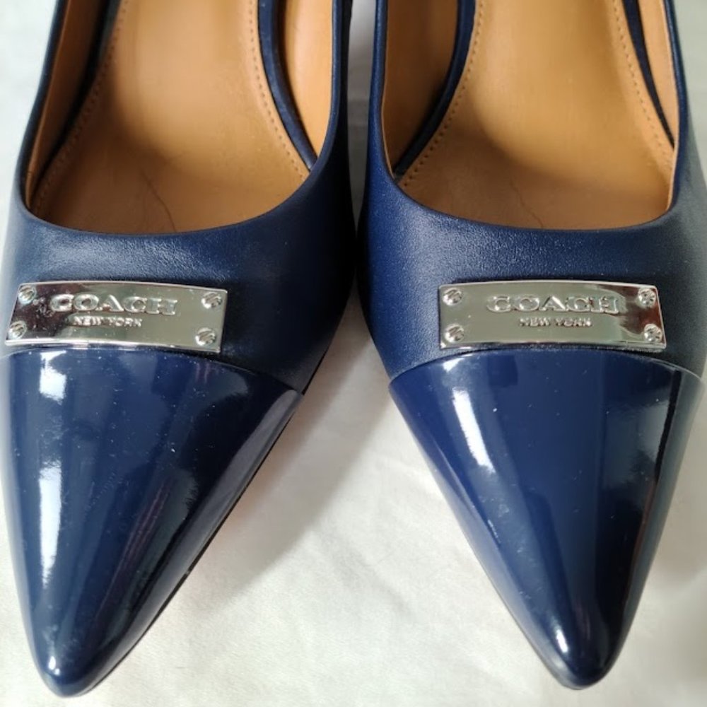 Womens Coach Zan tumbled leather patent navy cap toe heels sz 8M